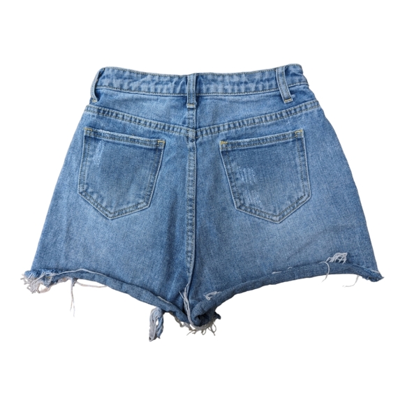 Pretty Little Thing shorts raw hem fringe blue‎ distressed high waist 2 - Picture 2 of 5